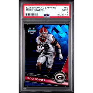 image:imageGraded 2023 Bowman U Sapphire Brock Bowers 50 Rookie RC Football Card PSA 9 Mint