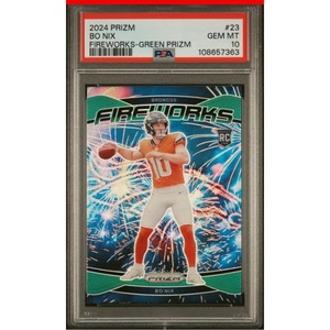 image:imageGraded 2024 Panini Prizm Bo Nix 23 Fireworks Green Prizm Rookie RC Football Card PSA 10 Gem Mint