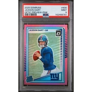 image:imageGraded 2025 Panini Donruss Jaxson Dart 400 Optic Preview Pink Rookie RC Football Card PSA 9 Mint