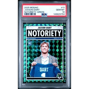 image:imageGraded 2025 Panini Mosaic Jaxson Dart 11 Notoriety Green Rookie RC Football Card PSA 10 Gem Mint