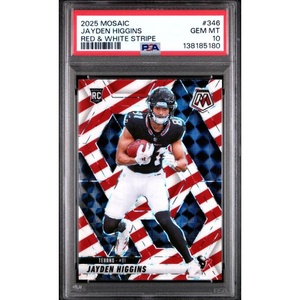 image:imageGraded 2025 Panini Mosaic Jayden Higgins 346 Red amp White Stripe Rookie RC Football Card PSA 10 Gem Mint