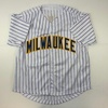 image:imageFacsimile Autographed Robin Yount Milwaukee Pinstripe Reprint Laser Auto Baseball Jersey Size Mens XL