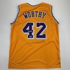image:imageFacsimile Autographed James Worthy Los Angeles LA Yellow Reprint Laser Auto Basketball Jersey Size Mens XL