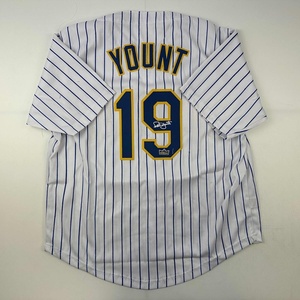 image:imageFacsimile Autographed Robin Yount Milwaukee Pinstripe Reprint Laser Auto Baseball Jersey Size Mens XL