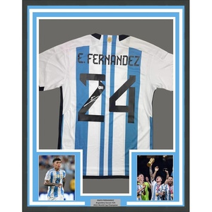 image:imageFramed AutographedSigned Enzo Fernandez 35x39 Argentina BlueWhite Soccer World Cup Jersey Beckett BAS COA