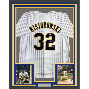 image:imageFramed AutographedSigned Jacob Misiorowski 35x39 Milwaukee Pinstripe Baseball Jersey JSA COA