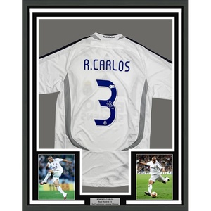 image:imageFramed AutographedSigned Roberto Carlos 35x39 Real Madrid White Soccer Jersey Beckett BAS COA