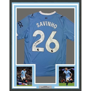 image:imageFramed AutographedSigned Savinho 35x39 Manchester City Blue Soccer Futbol Jersey Beckett BAS COA