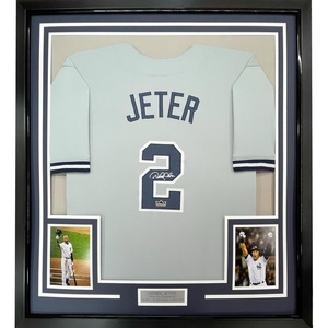 image:imageFramed Facsimile Autographed Derek Jeter 35x39 New York Grey Reprint Laser Auto Baseball Jersey