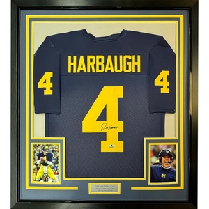 image:imageFramed Facsimile Autographed Jim Harbaugh 35x39 Michigan Blue Reprint Laser Auto College Football Jersey