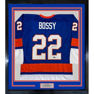 image:imageFramed Facsimile Autographed Mike Bossy 35x39 New York Blue Reprint Laser Auto Hockey Jersey