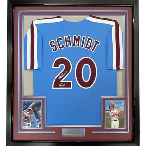 image:imageFramed Facsimile Autographed Mike Schmidt 35x39 Philadelphia Blue Retro Reprint Laser Auto Baseball Jersey