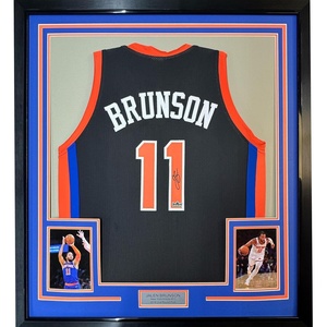 image:imageFramed Facsimile Autographed Jalen Brunson 35x39 New York Black Reprint Laser Auto Basketball Jersey