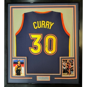 image:imageFramed AutographedSigned Stephen Steph Curry 35x39 Golden State Navy Blue Throwback Basketball Jersey JSA COA