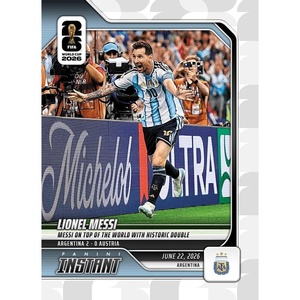 image:image2026 Panini Instant FIFA World Cup Lionel Messi 89 Messi On Top of The World with Historic Double Argentina Soccer Card