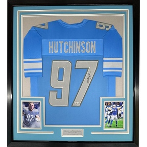 image:imageFramed AutographedSigned Aidan Hutchinson 35x39 Detroit Blue Football Jersey Beckett BAS COA