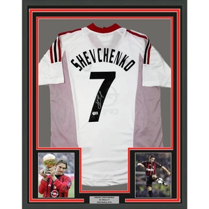 image:imageFramed AutographedSigned Andriy Shevchenko 35x39 AC Milan White Soccer Futbol Jersey Beckett BAS COA