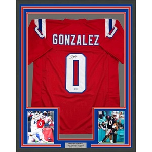 image:imageFramed AutographedSigned Christian Gonzalez 35x39 New England Red Football Jersey Beckett BAS COA