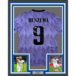 image:imageFramed AutographedSigned Karim Benzema 35x39 Real Madrid 202223 Purple Soccer Jersey Beckett BAS COA