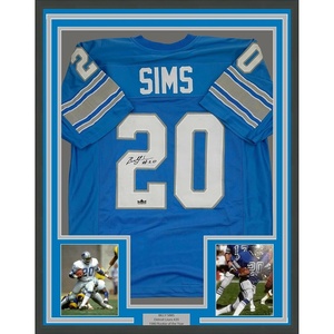 image:imageFramed Facsimile Autographed Billy Sims 35x39 Detroit Blue Reprint Laser Auto Football Jersey