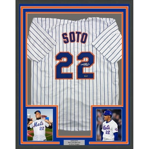 image:imageFramed Facsimile Autographed Juan Soto 35x39 New York Pinstripe Reprint Laser Auto Baseball Jersey