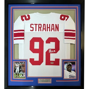 image:imageFramed Facsimile Autographed Michael Strahan 35x39 New York White Reprint Laser Auto Football Jersey